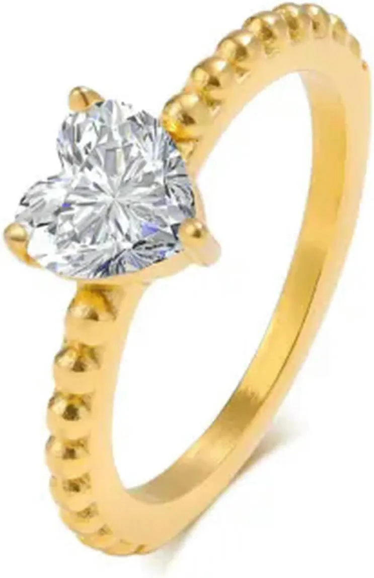 18K Gold Plating White Heart Cz Band Men's Women's Stainless Steel Couple Rings
