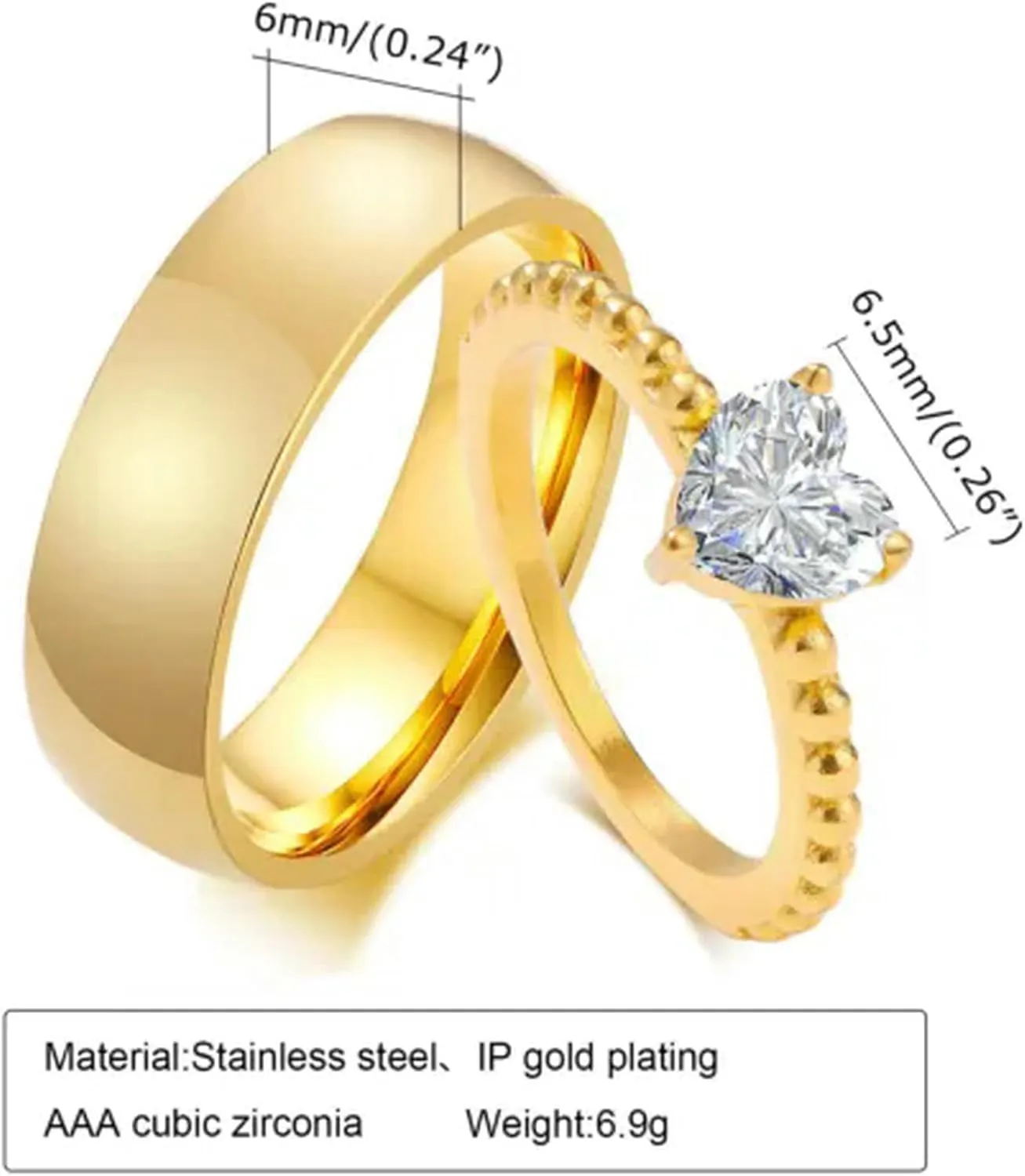 18K Gold Plating White Heart Cz Band Men's Women's Stainless Steel Couple Rings