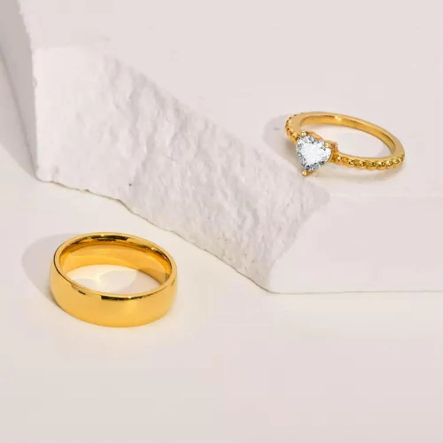 18K Gold Plating White Heart Cz Band Men's Women's Stainless Steel Couple Rings