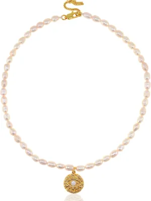 18K Real Gold-Plated Evil Eye Charms for Women Pearl Boho Protection Choker Paperclip Chian Long Necklace