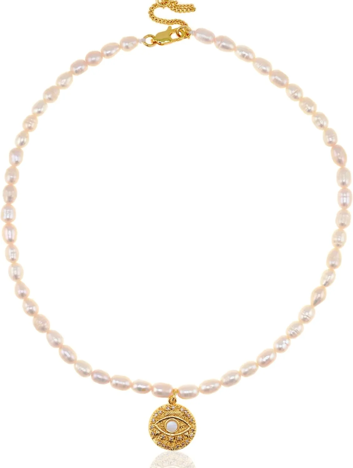18K Real Gold-Plated Evil Eye Charms for Women Pearl Boho Protection Choker Paperclip Chian Long Necklace