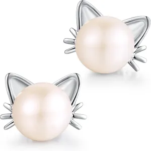 18K White Gold Plated Cat Pearl Stud Earrings for Women 925 Sterling Silver Cat Earrings Freshwater Pearl Cat Stud Earrings Pearl Jewelry 7.5MM-8MM