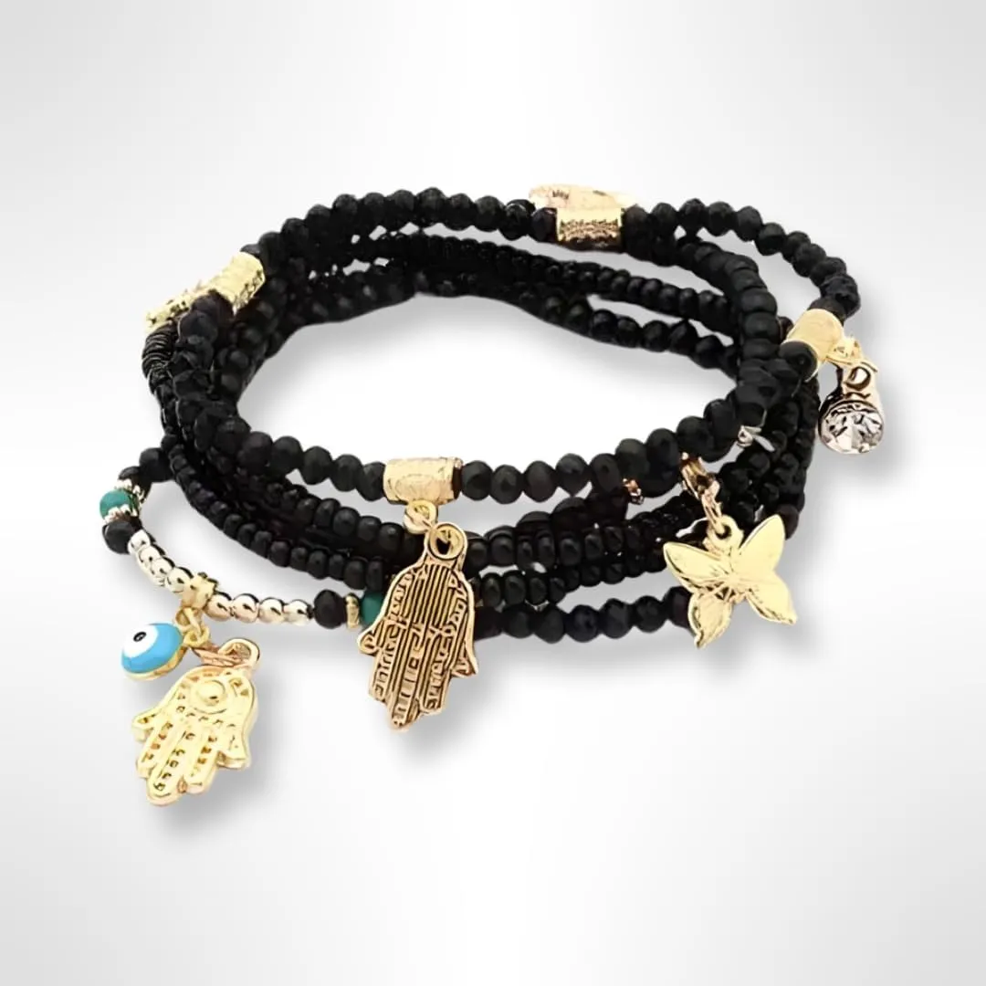 18kt Gold Plated Evil Eye and Hamsa Butterfly Charm Vintage Bracelet Bohemia Beads
