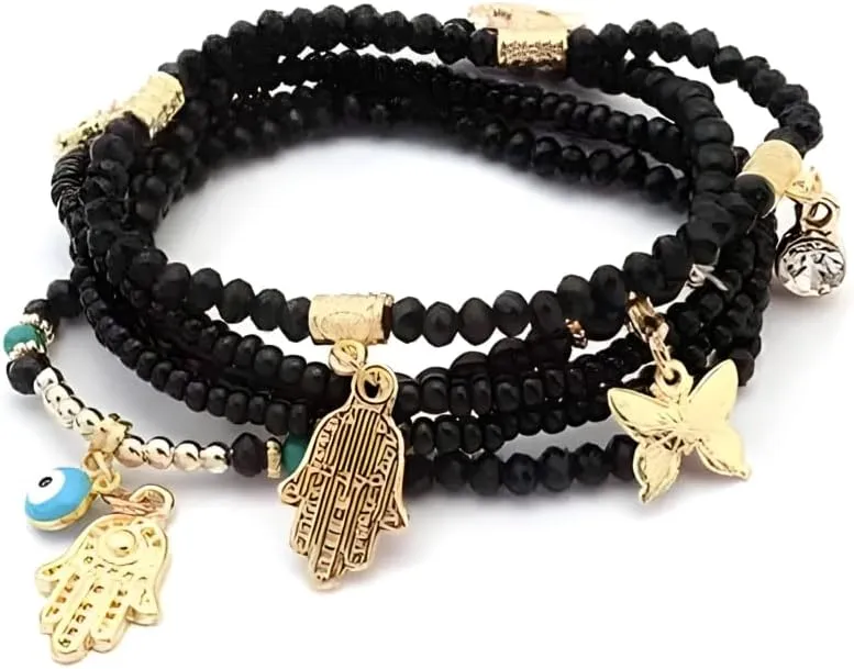 18kt Gold Plated Evil Eye and Hamsa Butterfly Charm Vintage Bracelet Bohemia Beads