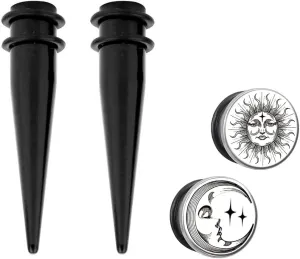 1G/7MM,9MM 316L Surgical Steel Ear Gauges Kit - Sun Moon Design Tunnels and Tapers for Men Women