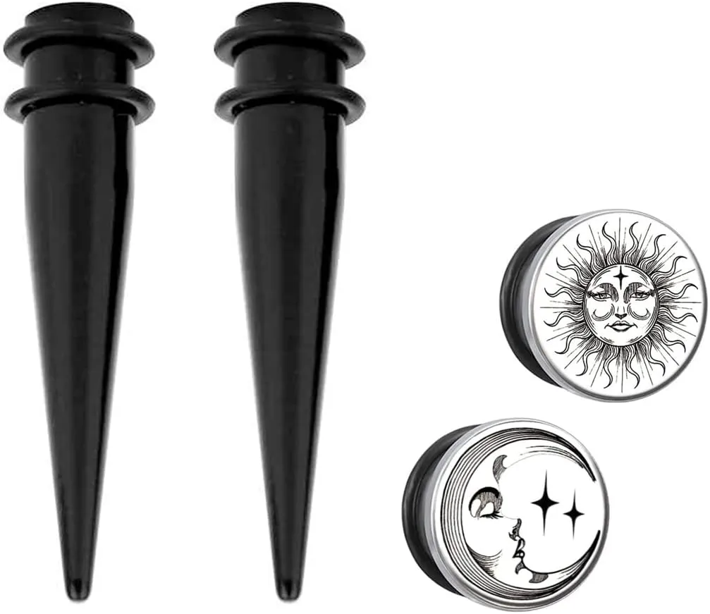 1G/7MM,9MM 316L Surgical Steel Ear Gauges Kit - Sun Moon Design Tunnels and Tapers for Men Women