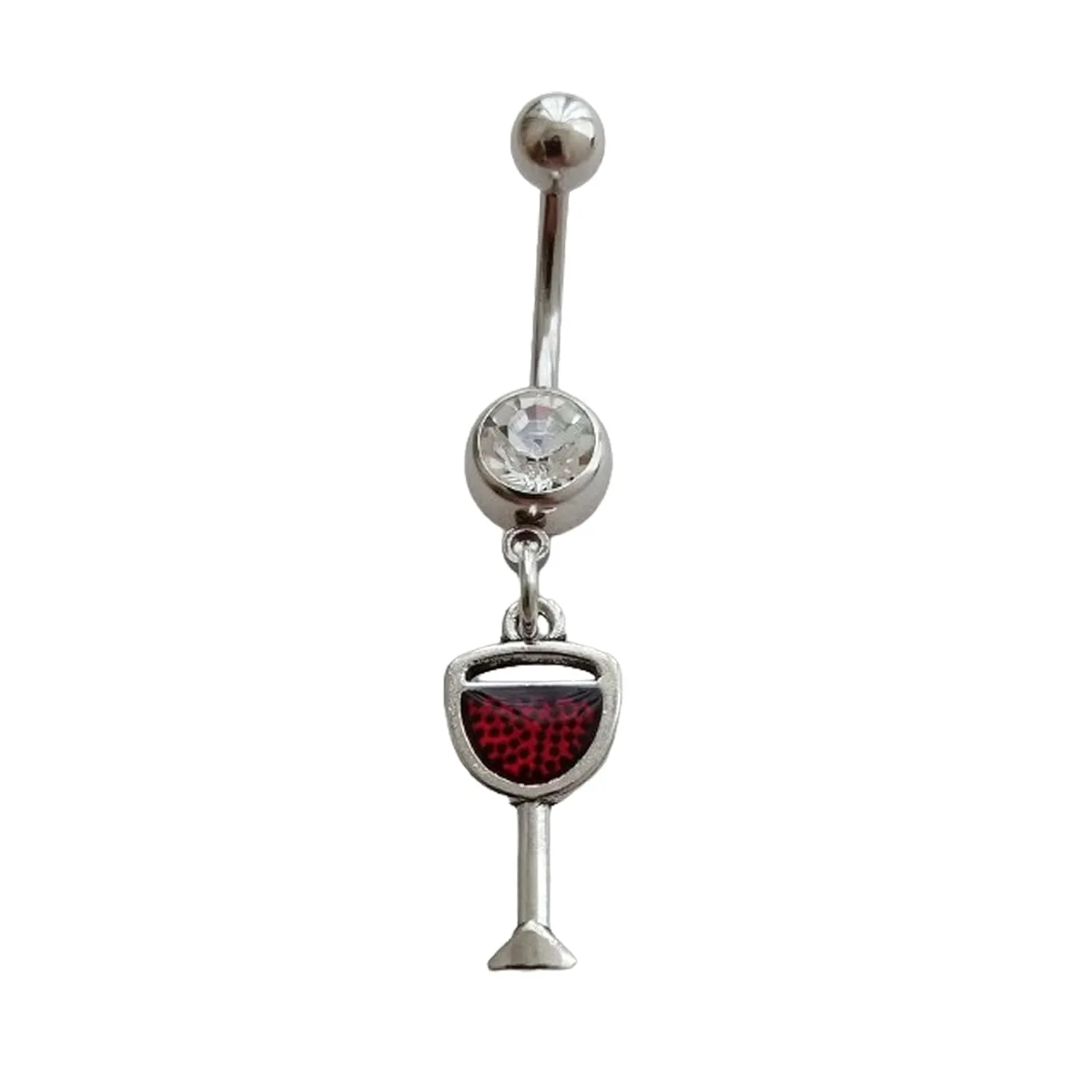 1pcs Red Wine Glass Charm Belly Ring, Vintage Style Belly Button Jewelry, Surgical Stainless Steel 14G Navel Barbell Ring with Dangle Pendant, Dainty Piercing Body Jewelry for Her