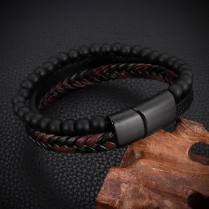 2 Men's Hip Hop Natural Stone Leather Bracelets Handmade Beaded Woven Leather Bracelets