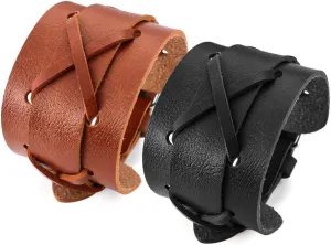 2 Men's Vintage Punk Leather Bracelets Woven Cross Wide Leather Wristbands Biker Biker Bracelets