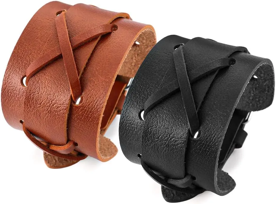 2 Men's Vintage Punk Leather Bracelets Woven Cross Wide Leather Wristbands Biker Biker Bracelets