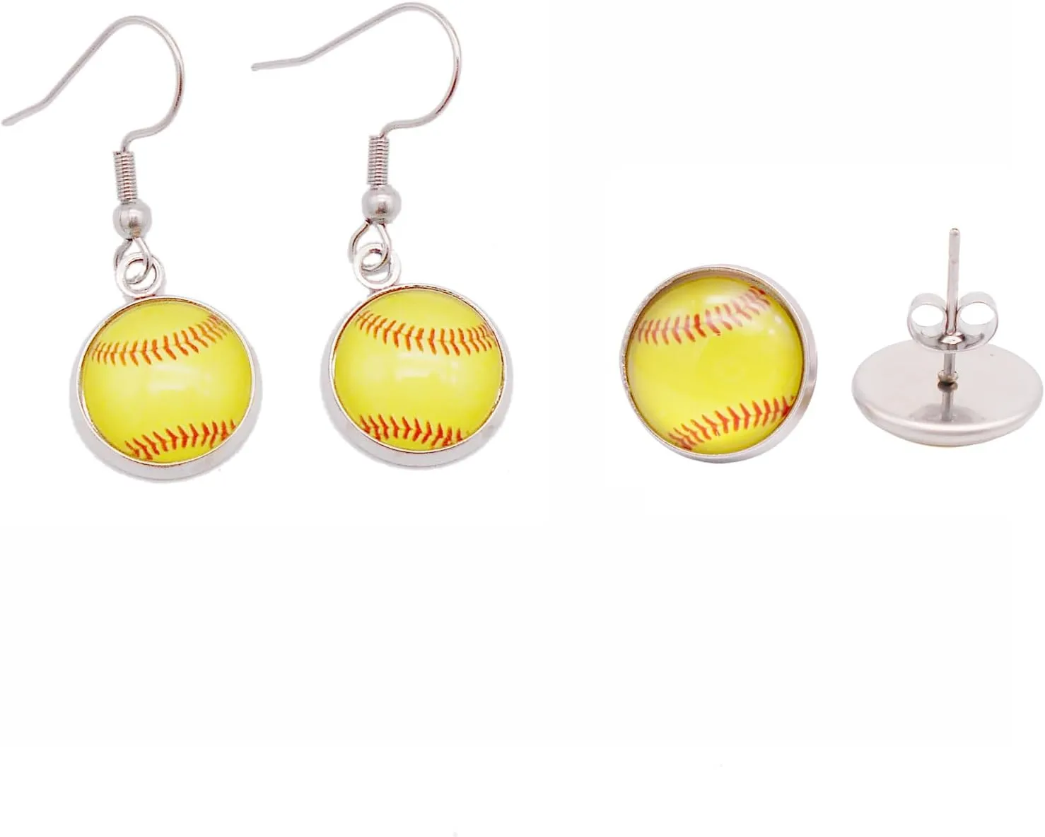 2 Pairs of Stainless Steel Softball Earrings for Women Hypoallergenic Glass Softball Cabochon Earring Studs Hooks Softball Player Fan Gift