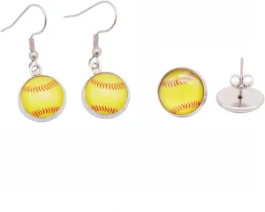 2 Pairs of Stainless Steel Softball Earrings for Women Hypoallergenic Glass Softball Cabochon Earring Studs Hooks Softball Player Fan Gift