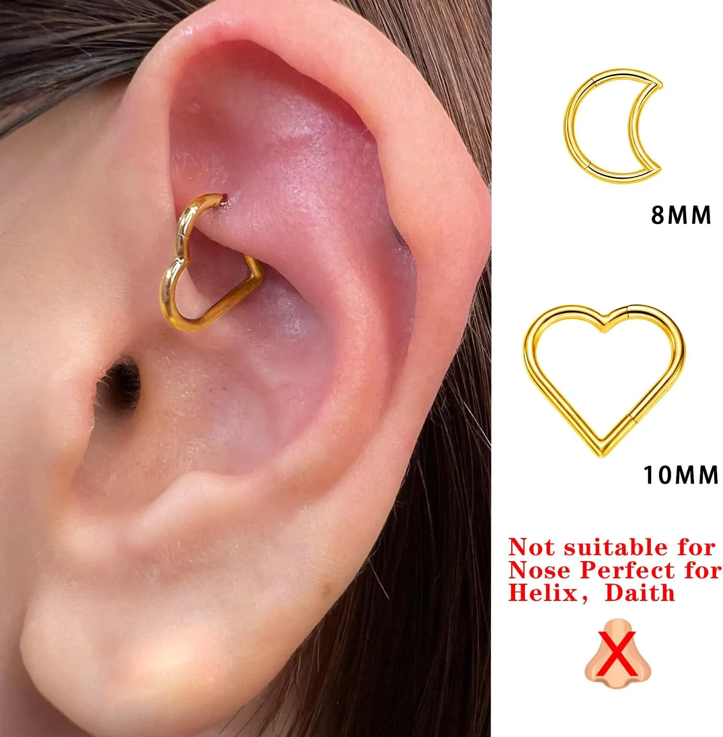 2 Pcs Heart Daith Piercing Jewelry, Hypoallergenic Clicker Hoop, 16G Rook Cartilage Helix Earrings
