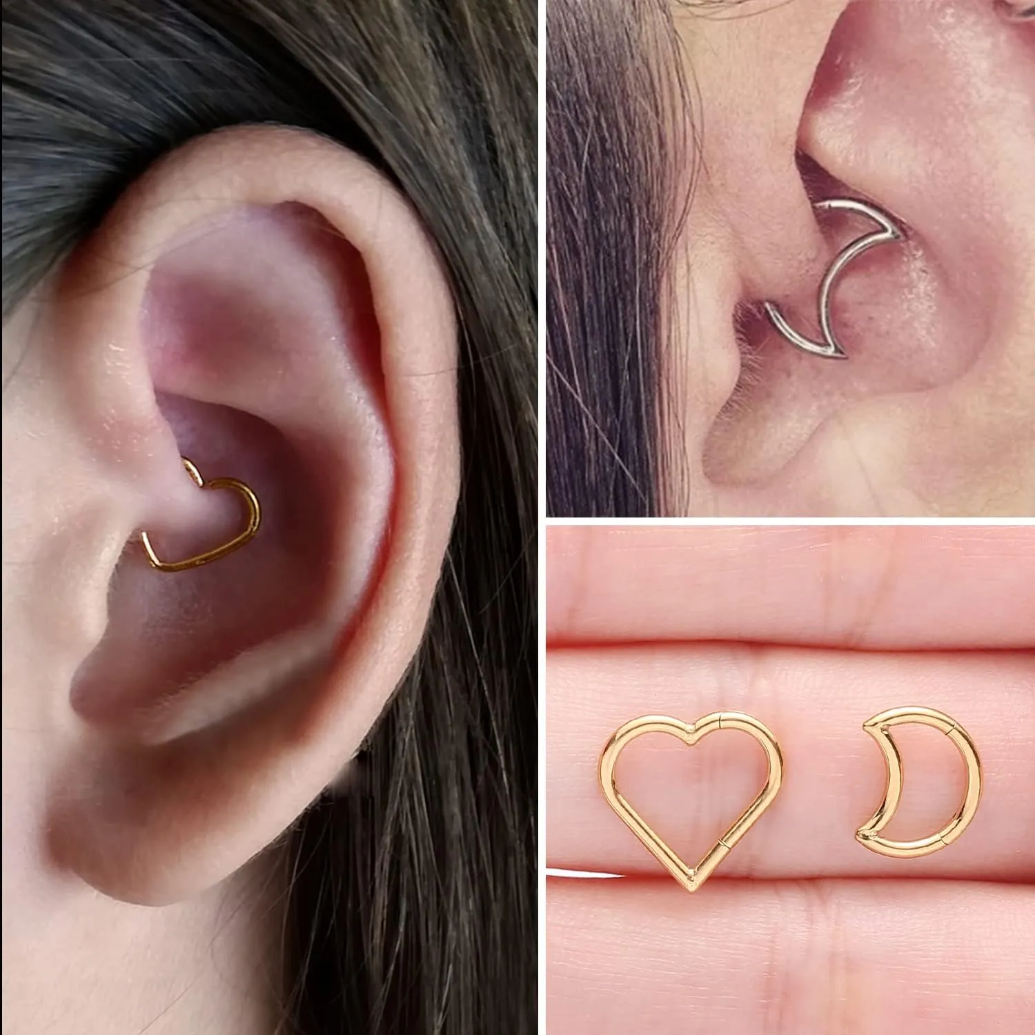 2 Pcs Heart Daith Piercing Jewelry, Hypoallergenic Clicker Hoop, 16G Rook Cartilage Helix Earrings