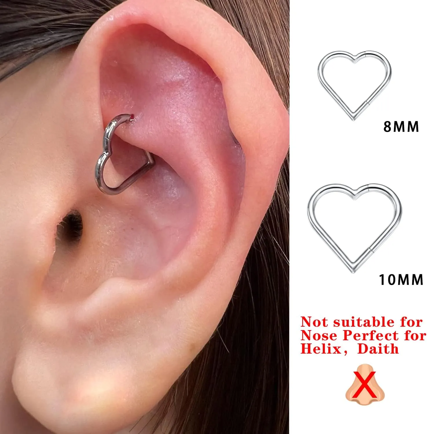 2 Pcs Heart Daith Piercing Jewelry, Hypoallergenic Clicker Hoop, 16G Rook Cartilage Helix Earrings