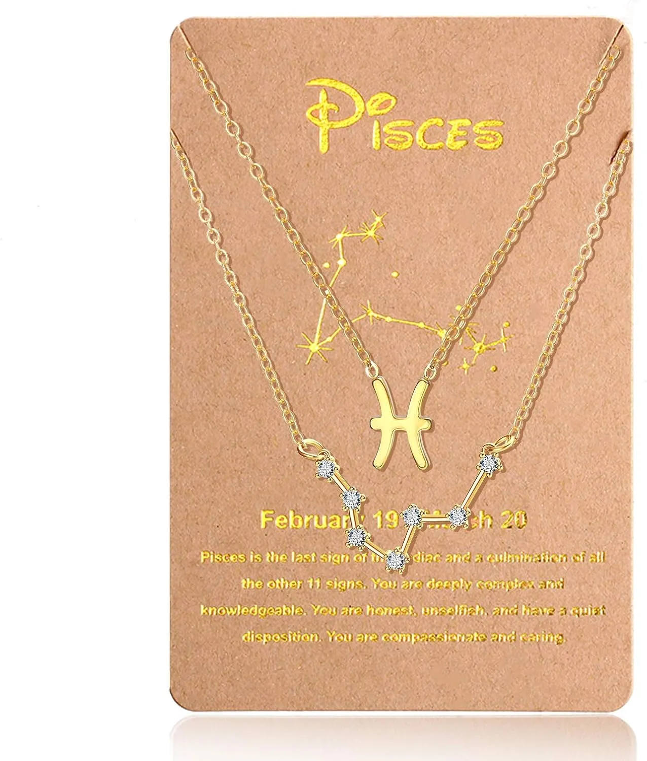 2 Pieces Zodiac Sign Pendant Necklaces Gold Silver Astrology Horoscope Crystal Necklaces with Card for Valentine Women(Pisces)
