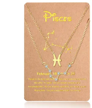 2 Pieces Zodiac Sign Pendant Necklaces Gold Silver Astrology Horoscope Crystal Necklaces with Card for Valentine Women(Pisces)