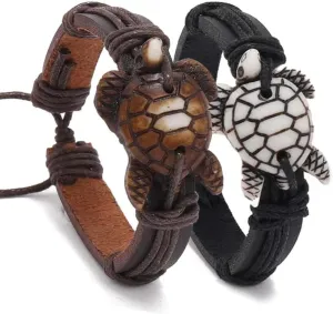 2 Vintage Handmade Braided Leather Turtle Bracelets, Men's and Women's Handmade Braided Sea Creature Adjustable Leather Bracelets