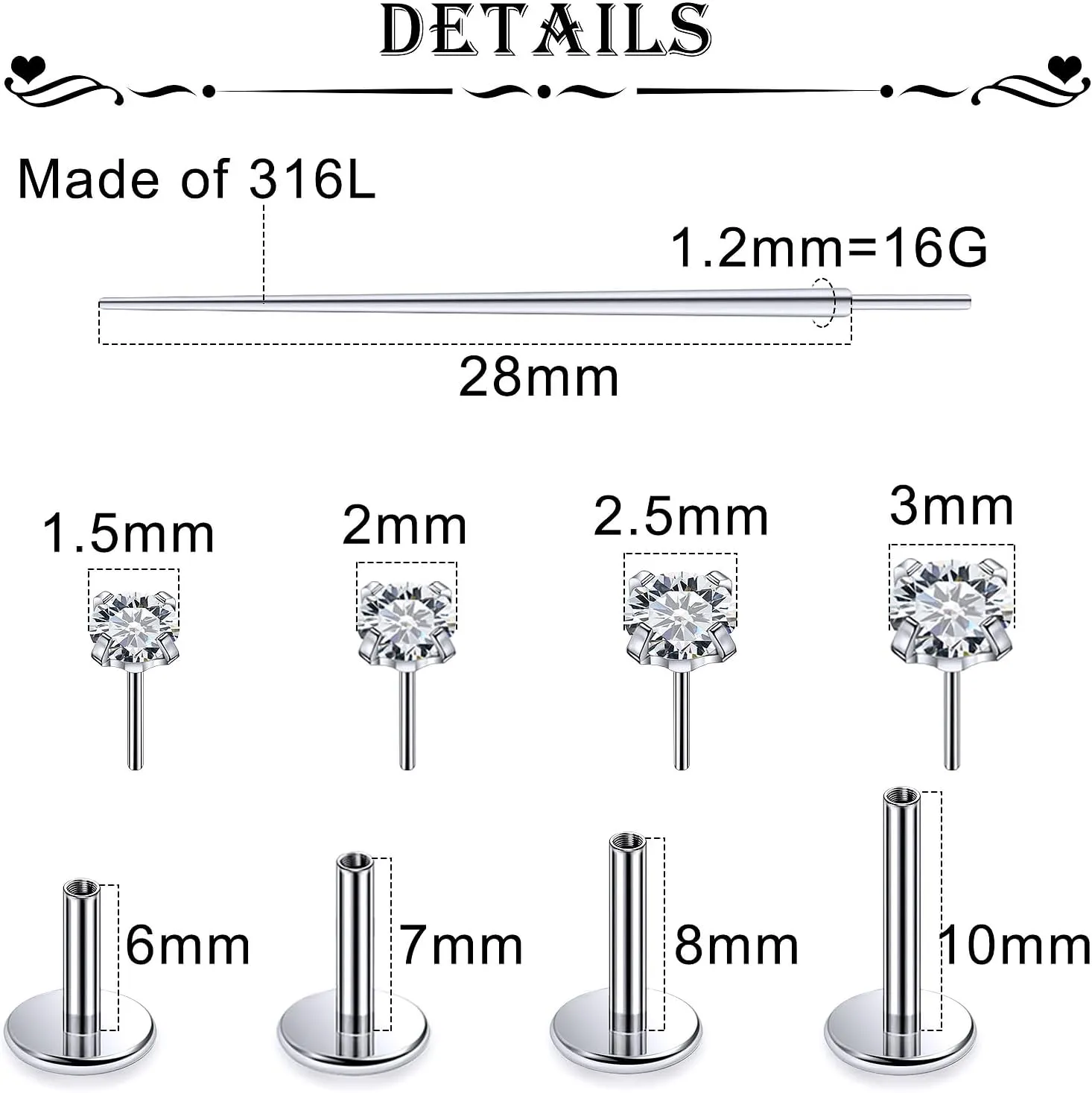 20G 18G 16G Threadless Push in Nose Rings Flat Back Earrings Stud Surgical Steel Lip Ring Tragus Cartilage Conch Helix Earrings Medusa Labret Snake Bites Piercing Jewelry for Women Men