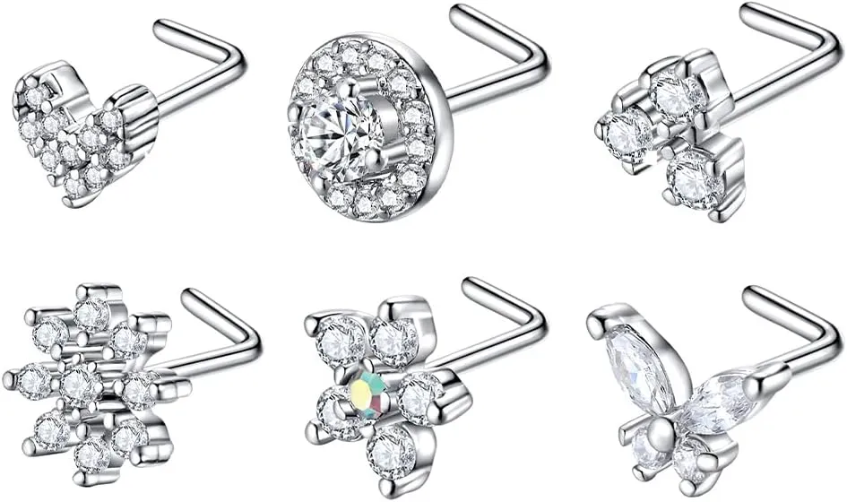 20G L Shaped Nose Studs Surgical Stainless Steel CZ Nose Rings Studs Silver For Women Nose Piercing Jewerly 6PCS Sets