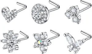 20G L Shaped Nose Studs Surgical Stainless Steel CZ Nose Rings Studs Silver For Women Nose Piercing Jewerly 6PCS Sets