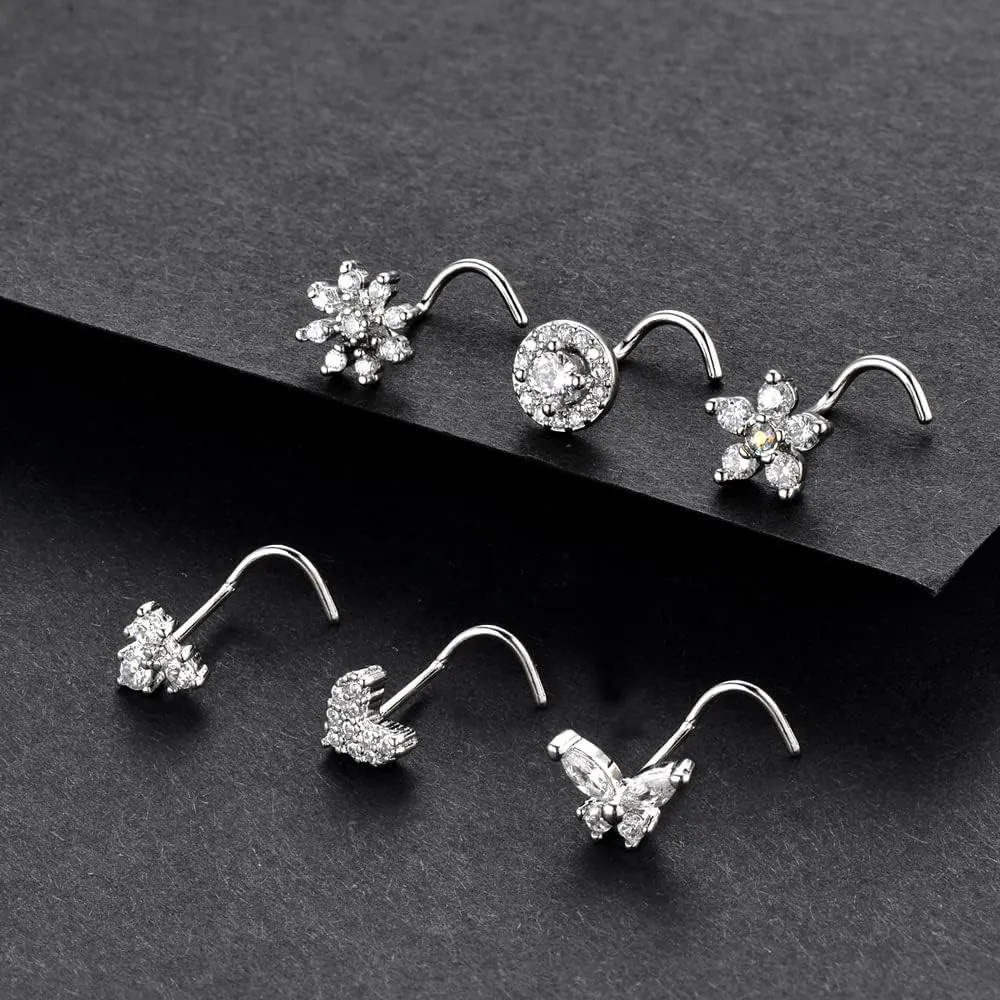 20G L Shaped Nose Studs Surgical Stainless Steel CZ Nose Rings Studs Silver For Women Nose Piercing Jewerly 6PCS Sets