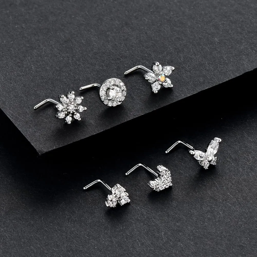 20G L Shaped Nose Studs Surgical Stainless Steel CZ Nose Rings Studs Silver For Women Nose Piercing Jewerly 6PCS Sets