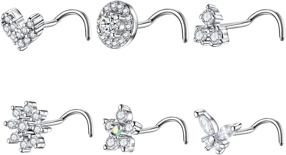 20G L Shaped Nose Studs Surgical Stainless Steel CZ Nose Rings Studs Silver For Women Nose Piercing Jewerly 6PCS Sets