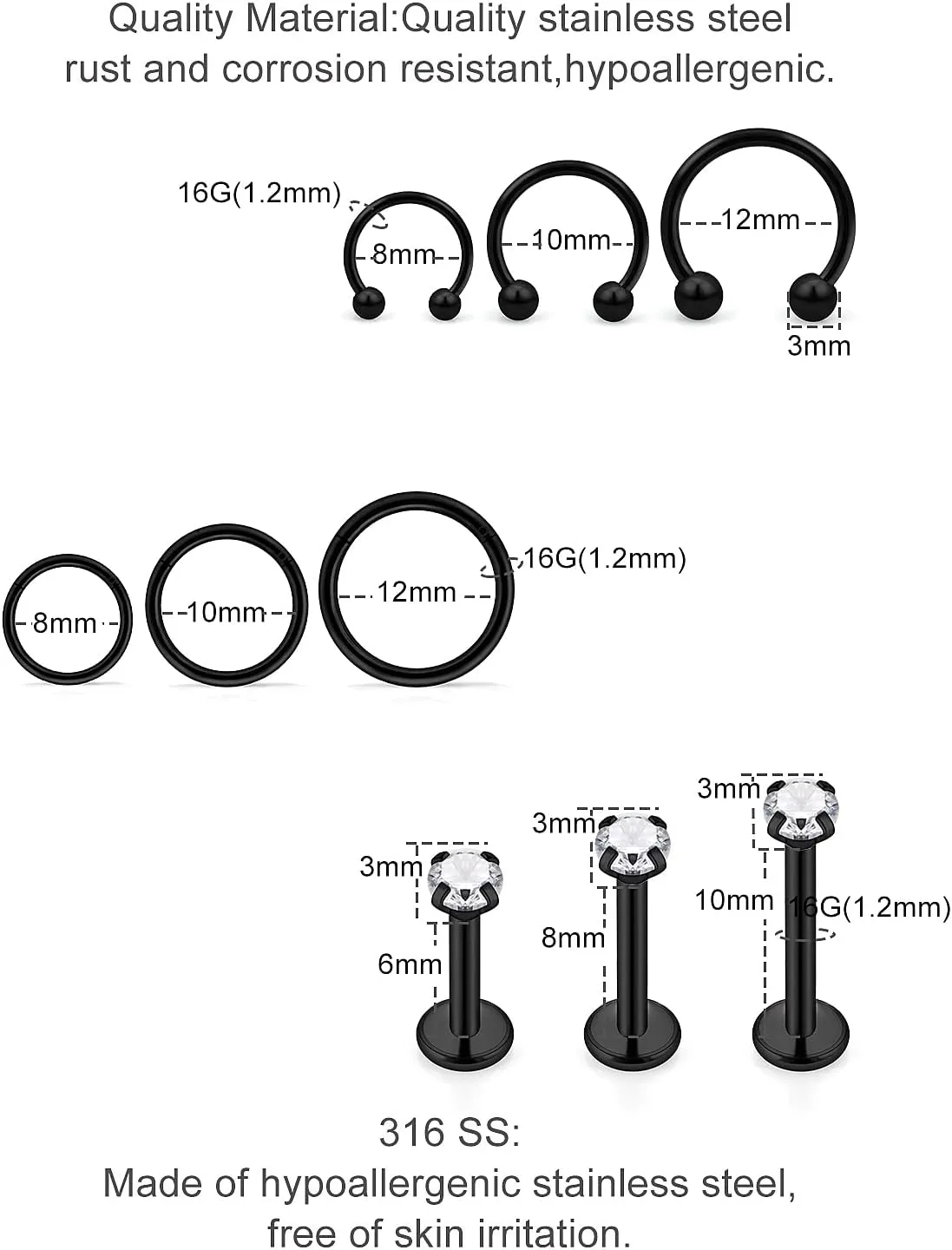 24Pcs Assorted Size 16G Lip Rings for Women Men Surgical Steel Medusa Piercing Jewelry Labret Studs CZ Diamond Opal Daith Tragus Forward Helix Earrings Septum Rings