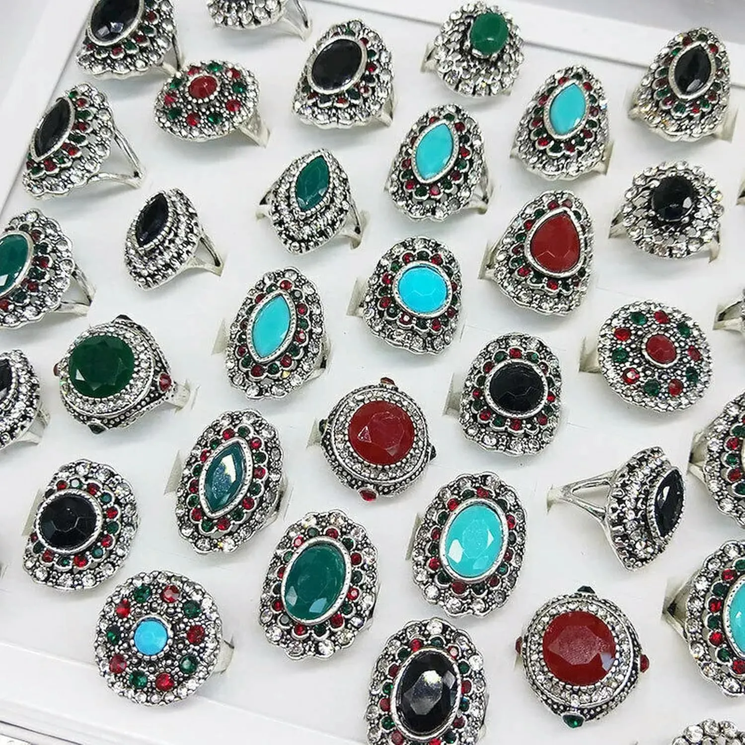 24pcs Wholesale Lots Mixed Color Natural Stone Jewelry Silver Plated Women Rings