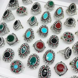24pcs Wholesale Lots Mixed Color Natural Stone Jewelry Silver Plated Women Rings