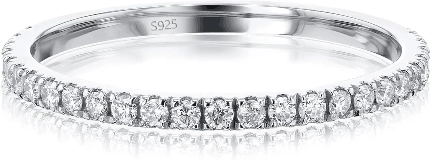 2mm 925 Sterling Silver Rings Gold Engagement Wedding Band Eternity Cubic Zirconia Simulated Diamond Stackable Ring for Women