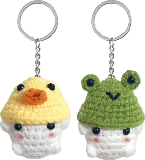2PCS Cute Crochet Mushroom Keychain, Mushroom Wear Frog/Duck/Bunny/Strawberry Hat, Handmade Key Chain for Backpack