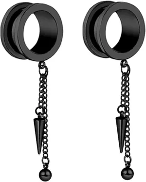 2Pcs Gauged Ear Cuff, Unique Ear Gauges Round with Chain and Cone Pendant, Silver Stainless Steel Gauge Jewelry