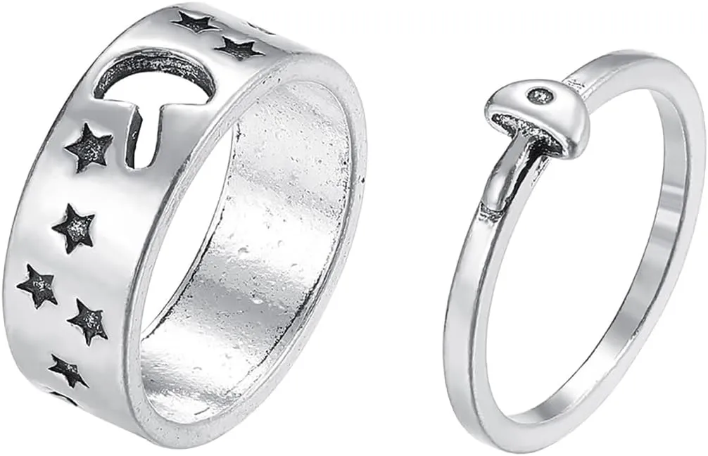 2Pcs Matching Hollow Mushroom Band Rings Sets,Couple Cute Mushroom Star Knuckle Stackable Finger Rings for Him Her Couples Wedding Jewelry