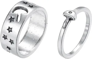 2Pcs Matching Hollow Mushroom Band Rings Sets,Couple Cute Mushroom Star Knuckle Stackable Finger Rings for Him Her Couples Wedding Jewelry
