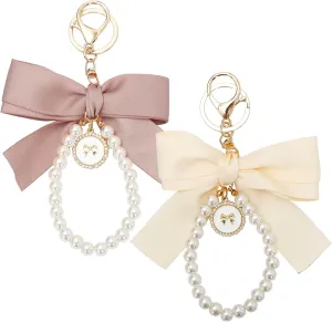 2PCS Pink Pearl Bow Keychain, Cute Bowknot Keyring with Faux Pearls, Aesthetic Keychain for Girls Women, Perfect for Car Keys, Bags, and Purse Accessories