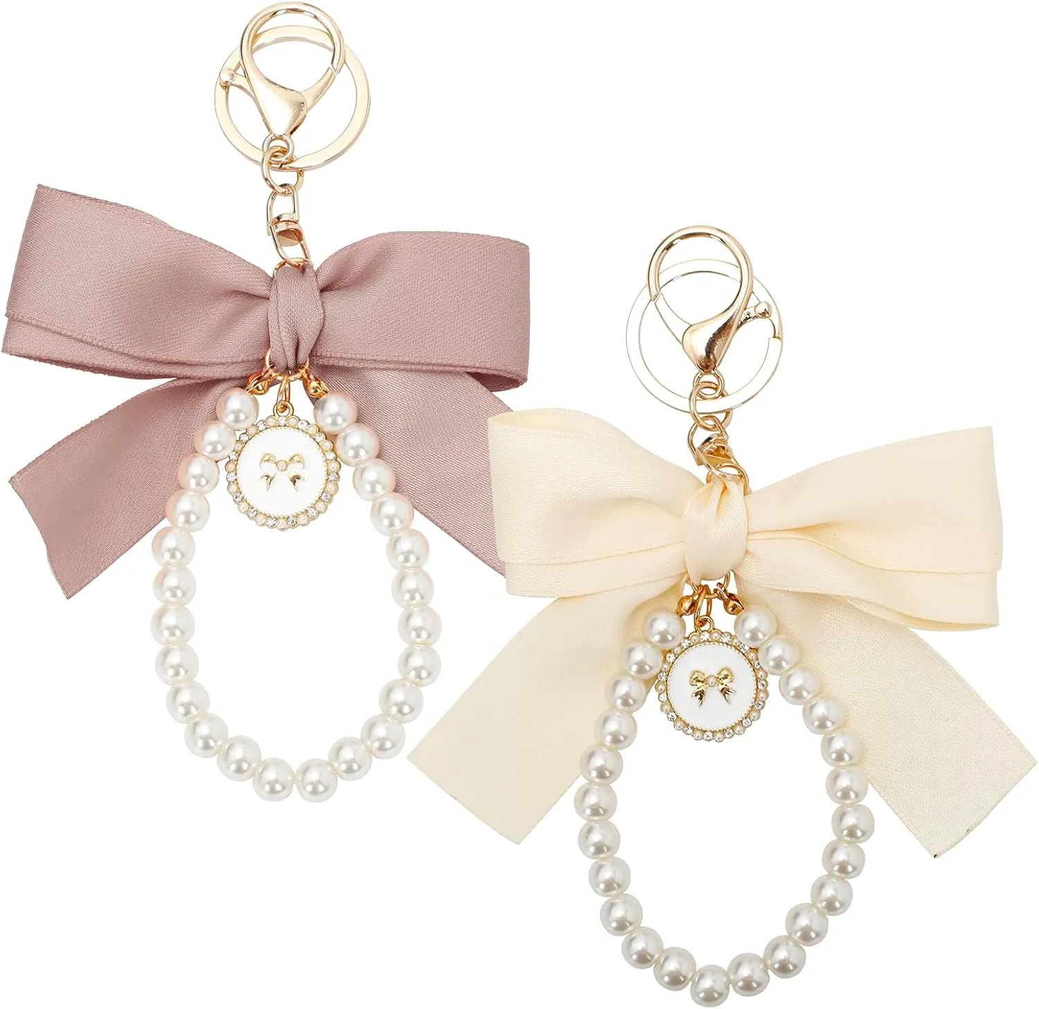2PCS Pink Pearl Bow Keychain, Cute Bowknot Keyring with Faux Pearls, Aesthetic Keychain for Girls Women, Perfect for Car Keys, Bags, and Purse Accessories