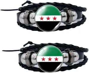 2Pcs Syria Flag Leather Bracelets, Adjustable Hand-Woven PU Leather Bracelets, Men's and Women's Outdoor Casual Accessories
