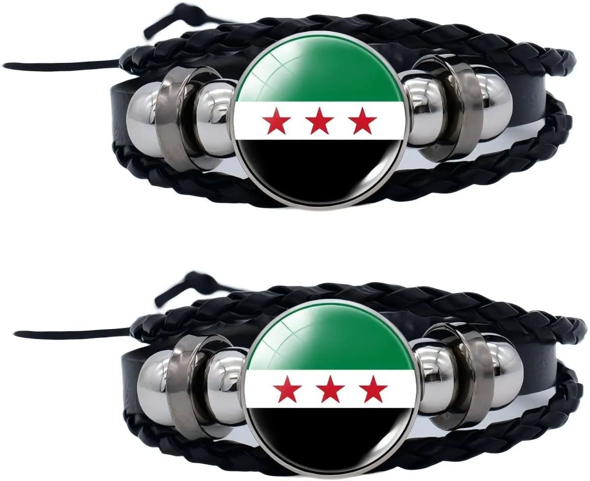 2Pcs Syria Flag Leather Bracelets, Adjustable Hand-Woven PU Leather Bracelets, Men's and Women's Outdoor Casual Accessories