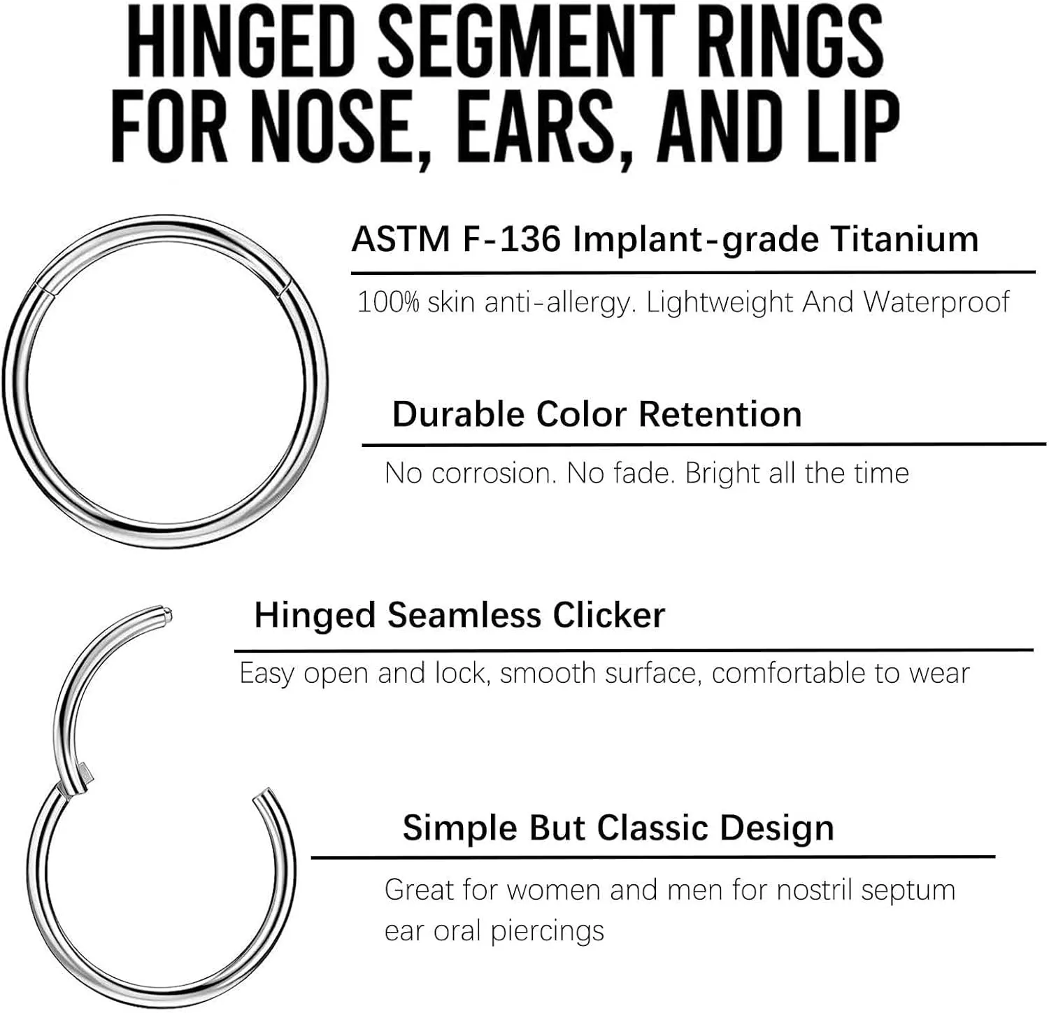 2Pcs Titanium Nose Rings 20G 18G 16G Nose Rings Hoops Septum Clicker Hinged Segment Ring Cartilage Helix Tragus Conch Daith Rook Nostril Hoop Piercing Earring, Diameter 5mm to 12mm Silver-Gold-Rose Gold-Black