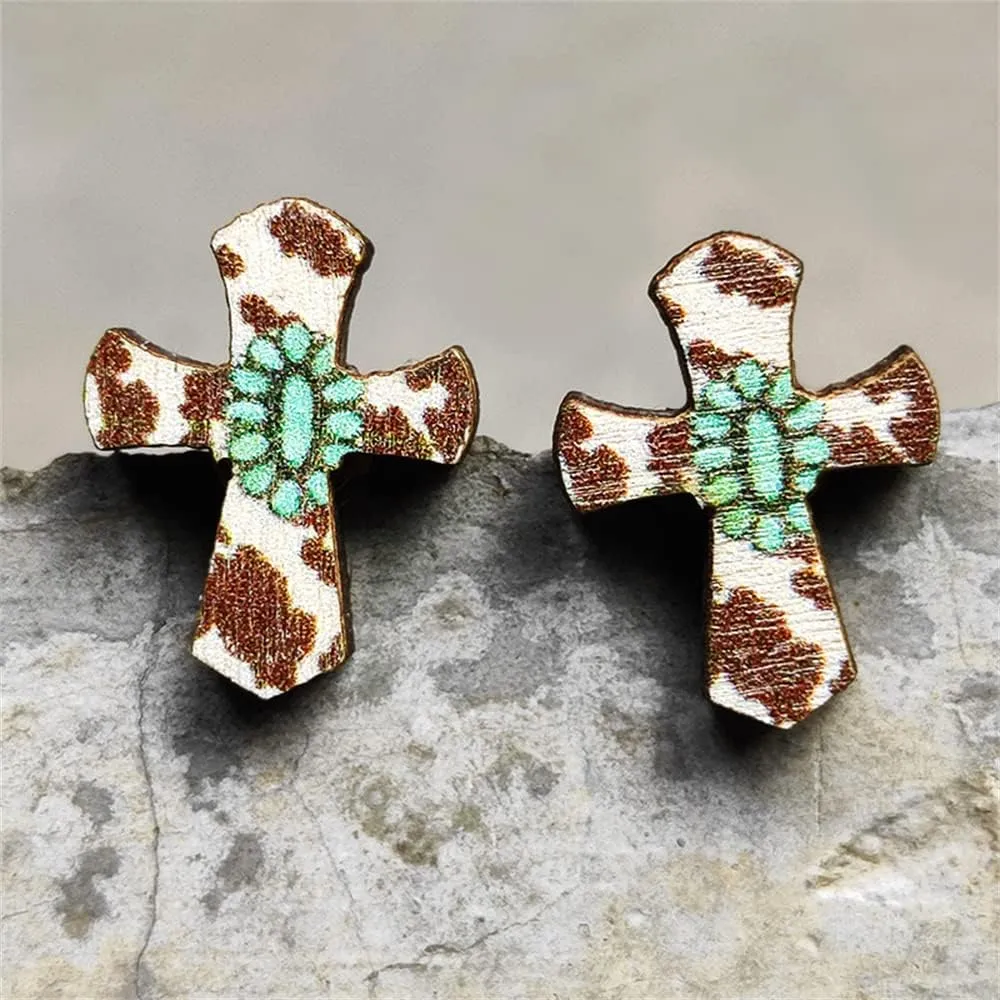 3-6 Pairs Western Cowgirl Cowboy Wooden Earrings for Women Handmade Boho Vintage Sunflower Animal Cactus Cowboy Boots Print Stud Earrings
