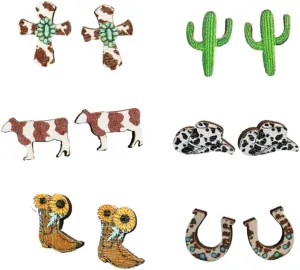 3-6 Pairs Western Cowgirl Cowboy Wooden Earrings for Women Handmade Boho Vintage Sunflower Animal Cactus Cowboy Boots Print Stud Earrings