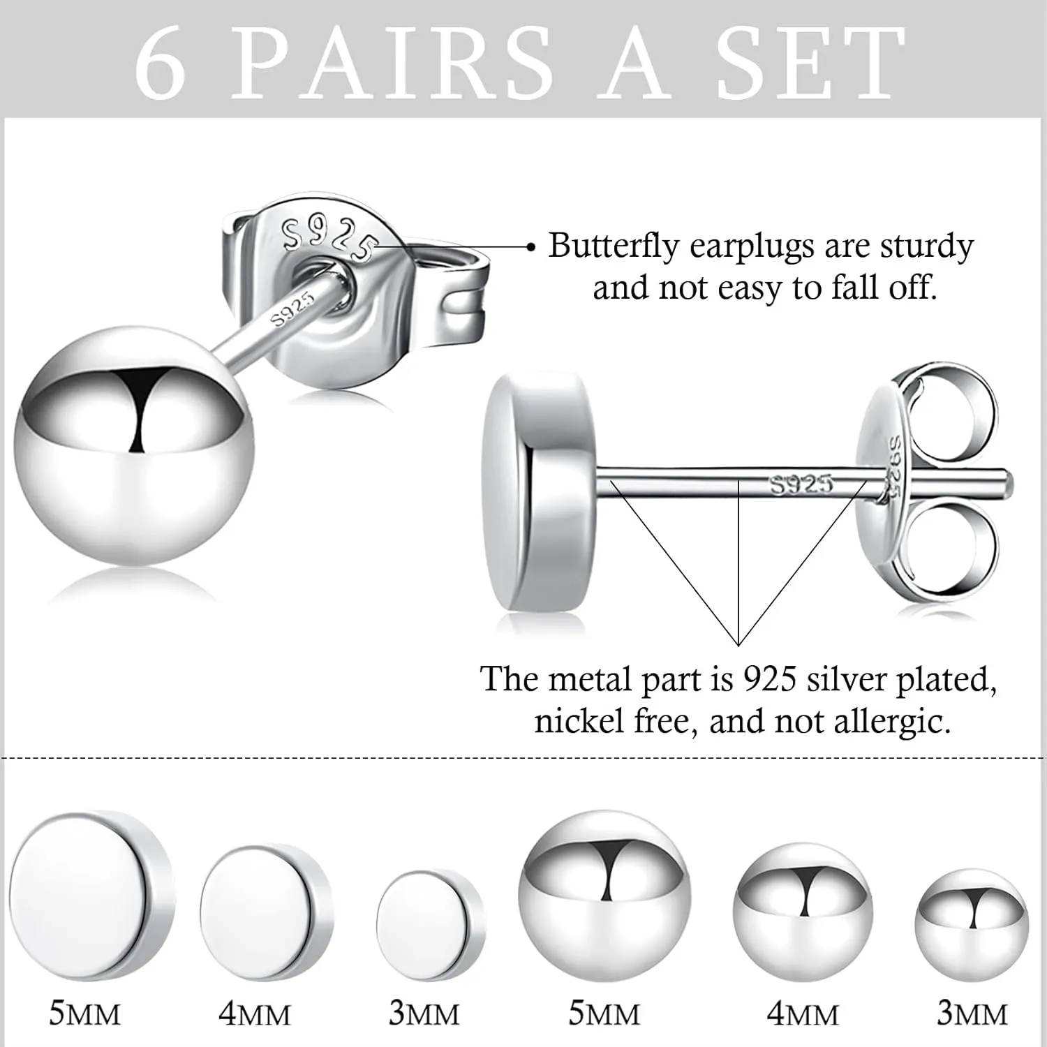 3 Pairs 925 Sterling Silver Stud Earrings for Women Tiny Cartilage Stud Earrings14K White Gold Plated Dainty Small Studs Earrings Set Round Earrings Hypoallergenic Earrings for Women Men