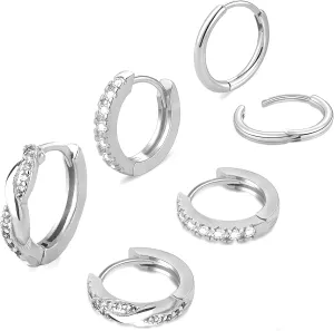 3 Pairs Small Round Cubic Zirconia Earrings, Gold Huggie Hoop Earrings Set, Dainty Small Sterling Silver Earrings, Multiple Piercing Lightweight Hypoallergenic Jewelry for Women