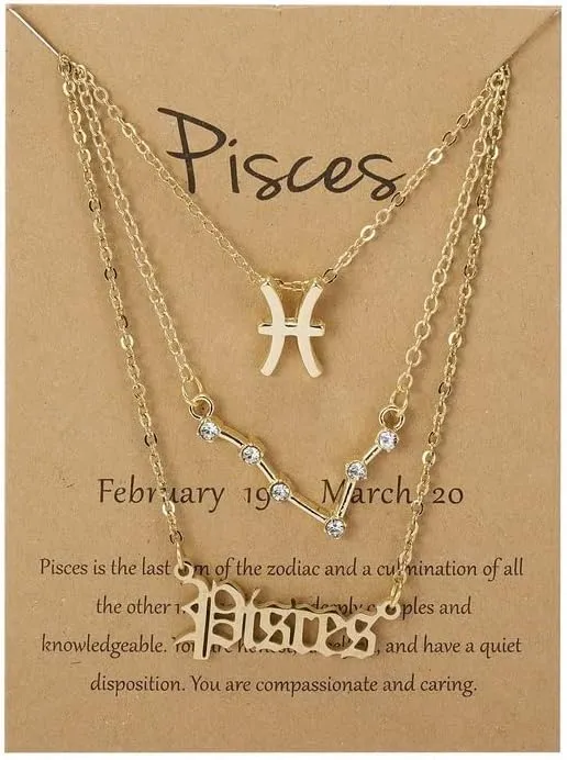 3 Pcs Constellation Zodiac Layer Necklaces Retro 14K Gold Plated 12 Constellation Pendant Necklace Exquisite Letter Horoscope Old English Zodiac Sign Jewelry Birthday Gift for Women