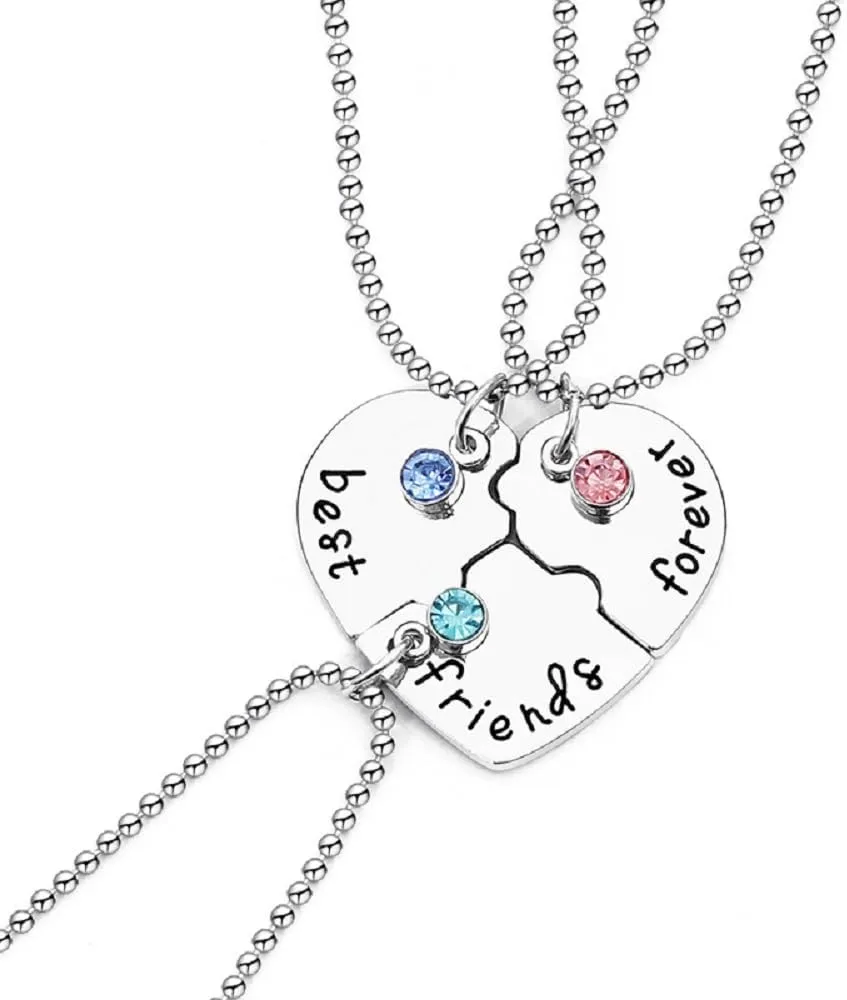 3 Pcs Set BFF Necklace Best Friend Necklaces for 3 Split Heart Engraved Weirdo 1/2/3 Necklace Sun Star Moon Pendant Friendship Thanksgiving Day Gifts