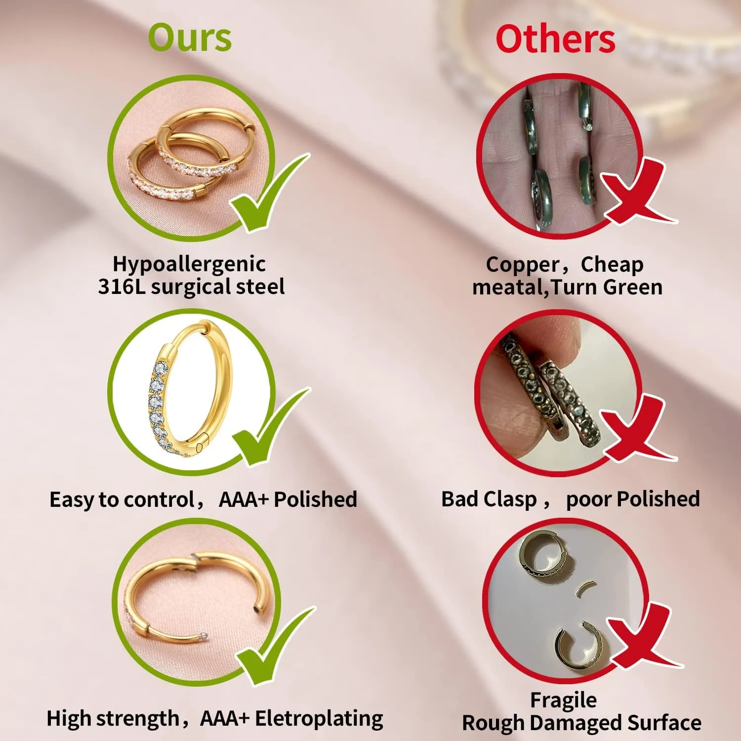316L Surgical Steel Huggie Hoop Earrings,Dainty Pave Cubic Zirconia Cartilage Tiny Earring for Sensitive Ears Hypoallergenic Lightweight for Women Men