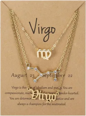3Pcs 12 Constellation Zodiac Sign Layered Choker Necklaces Old English Letter Astrology Horoscope with Message Card for Women Birthday Friendship Jewelry