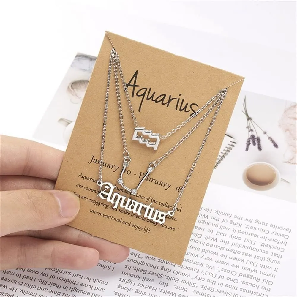3Pcs 12 Constellation Zodiac Sign Layered Choker Necklaces Old English Letter Astrology Horoscope with Message Card for Women Birthday Friendship Jewelry